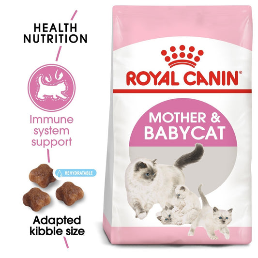 Royal Canin Mother & Babycat food bag with text highlighting benefits on a white background