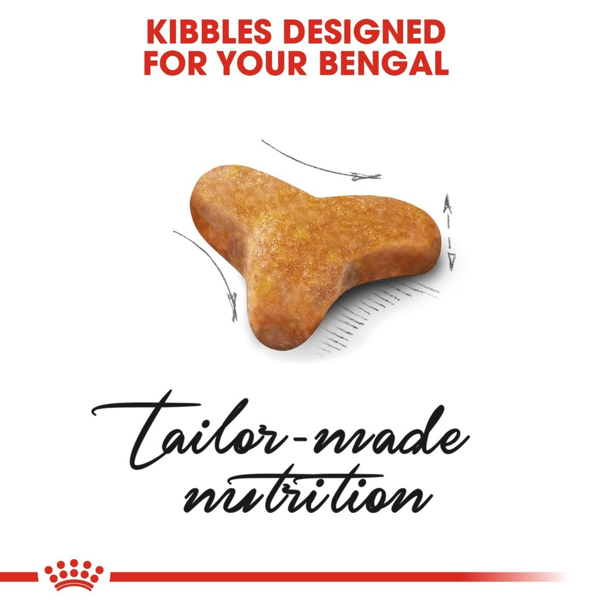 Dog kibble shaped like a Bengal cat with text 'Kibbles Designed for Your Bengal' and 'Tailor-made nutrition' on a white background.