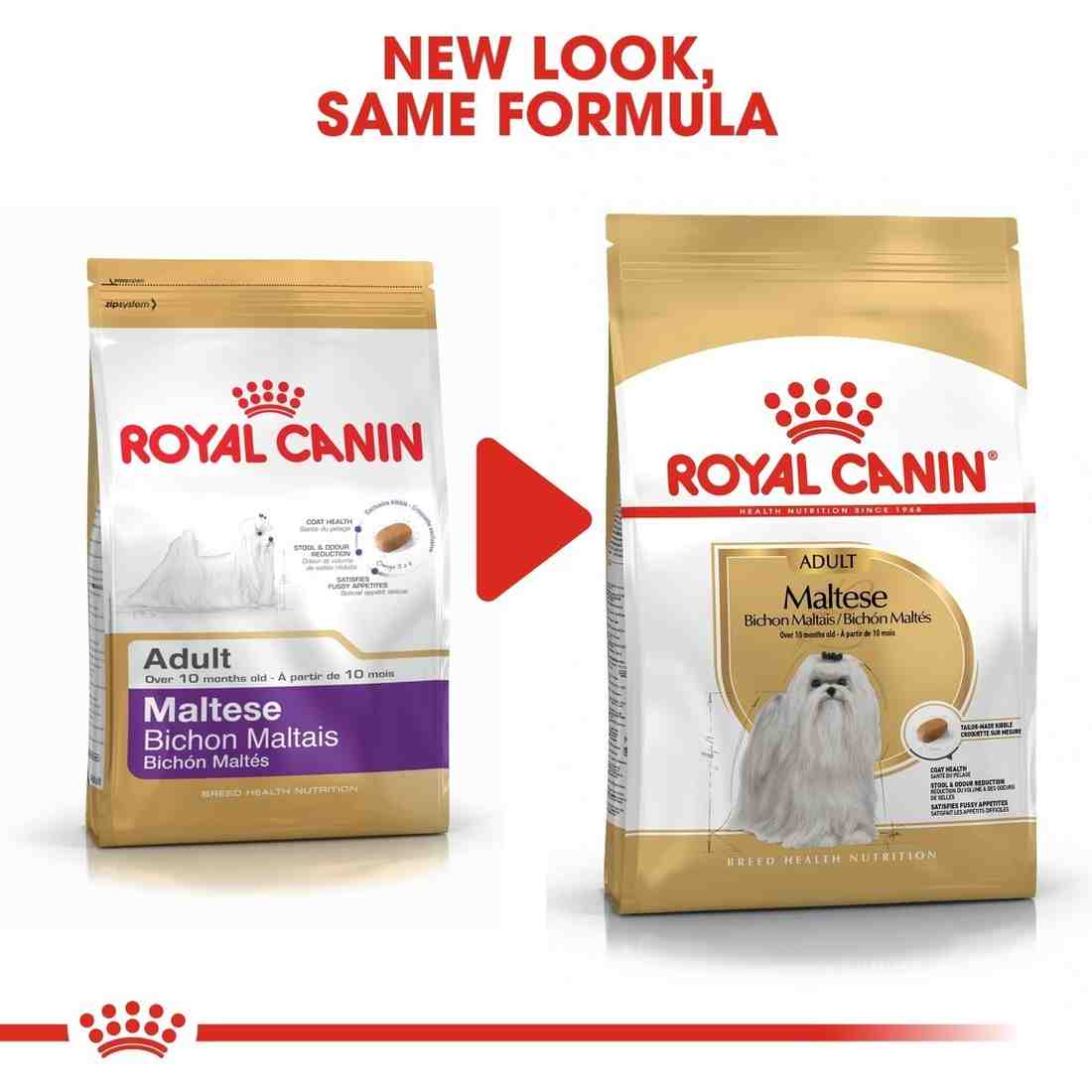Two packages of Royal Canin Maltese dog food with a red arrow between them.