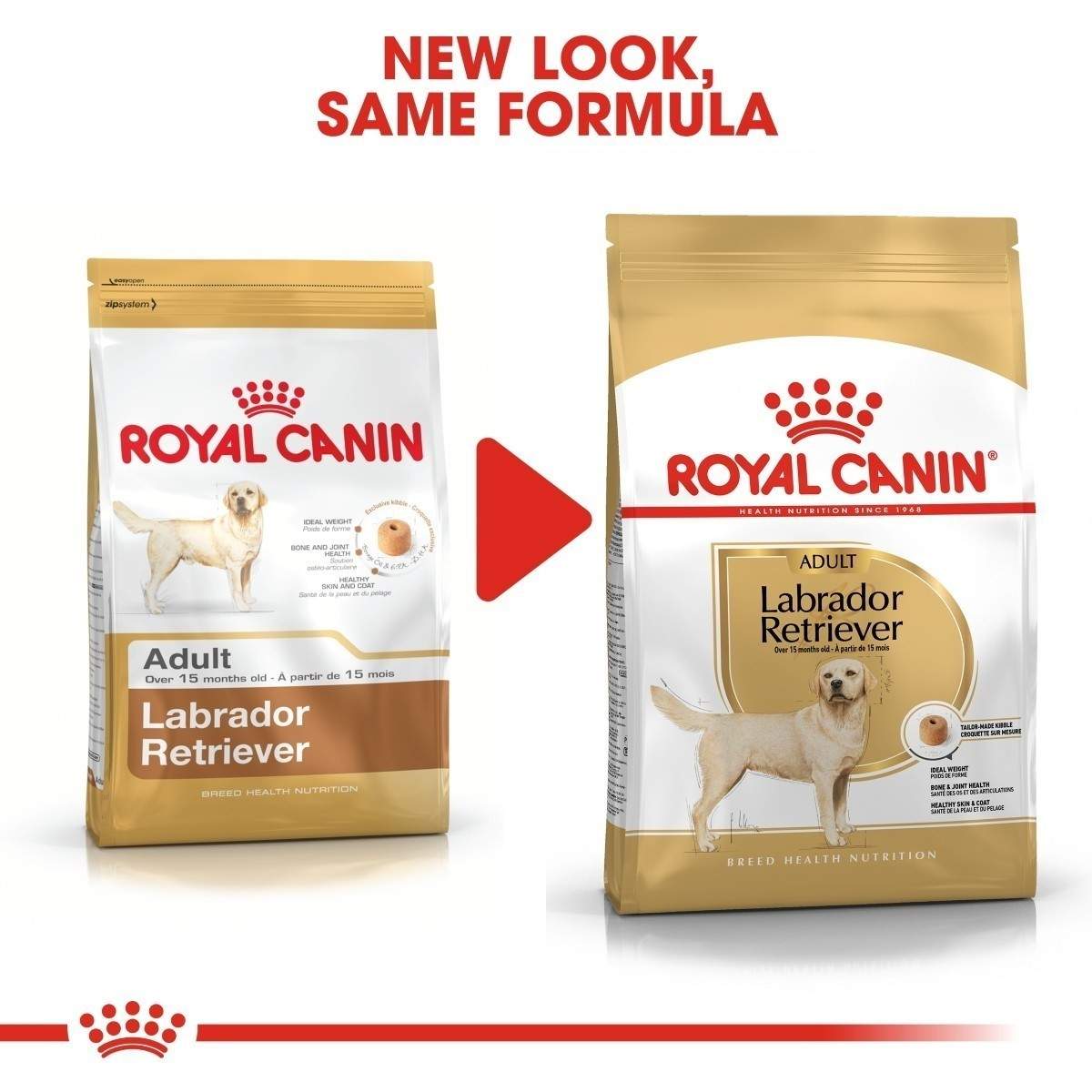 Two packages of Royal Canin Labrador Retriever dog food with a red arrow and text indicating 'New Look, Same Formula'.
