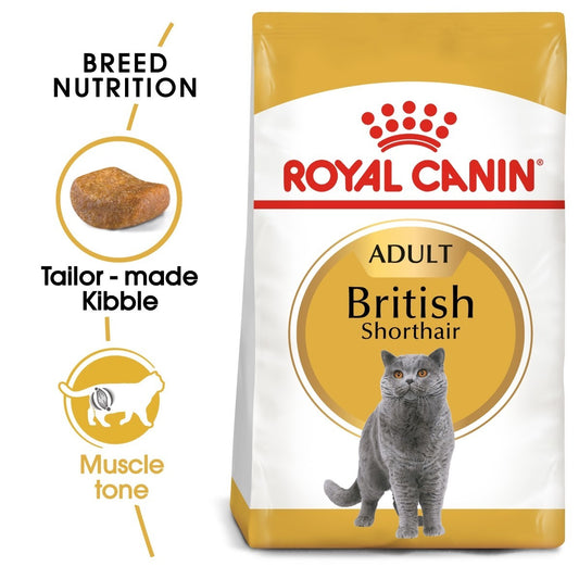 Royal Canin British Shorthair cat food bag with text highlighting features