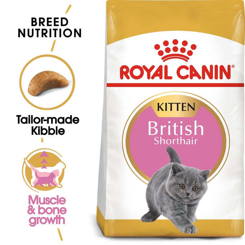 Royal Canin Kitten British Shorthair cat food package with text highlighting features.