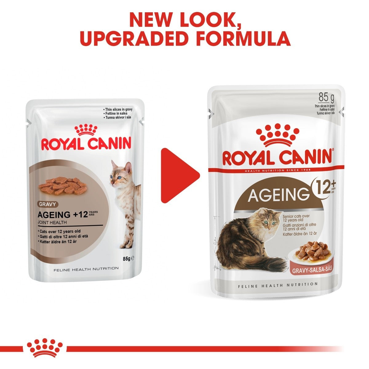 Two packages of Royal Canin Ageing +12 cat food with a red arrow between them indicating a new look and upgraded formula.