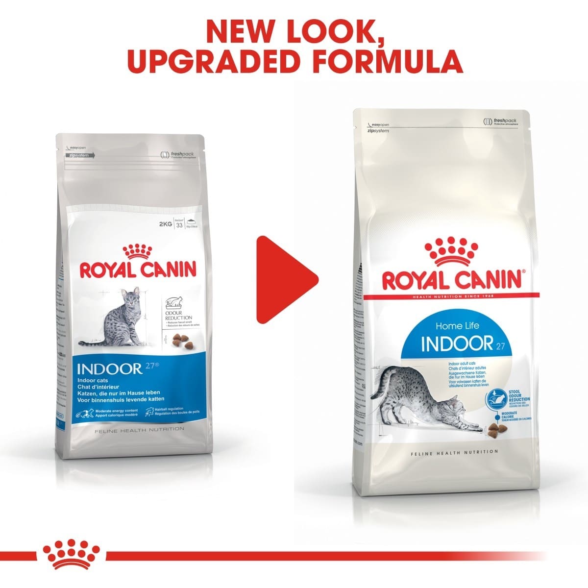 Two packages of Royal Canin Indoor cat food with a red play button graphic.