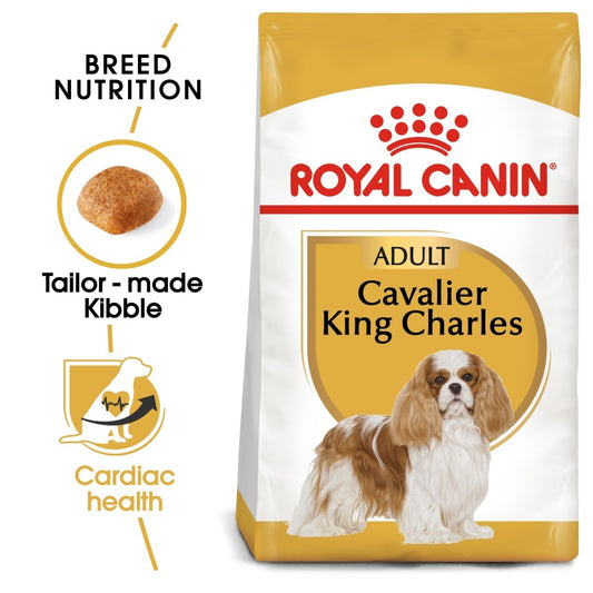 Royal Canin Cavalier King Charles dog food package with branding and product features.