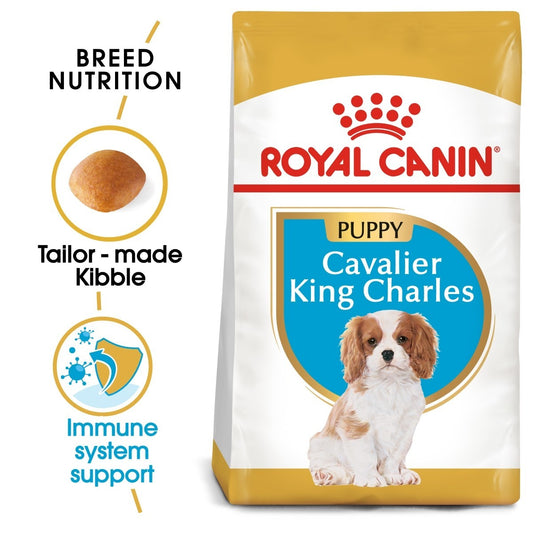 Royal Canin Puppy Cavalier King Charles dog food packaging with brand logo and product features.