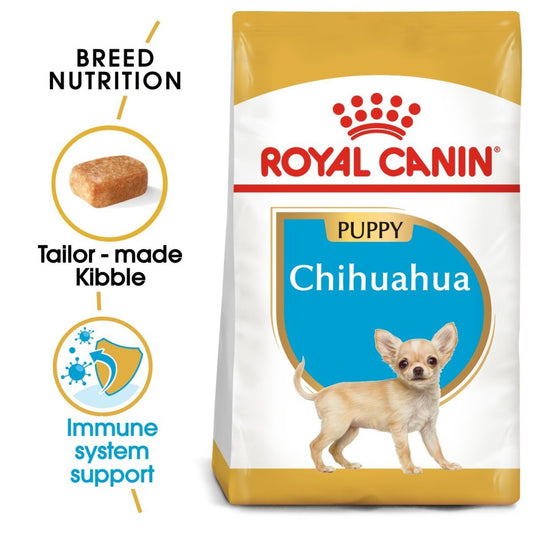 Royal Canin Chihuahua puppy food bag with key features highlighted