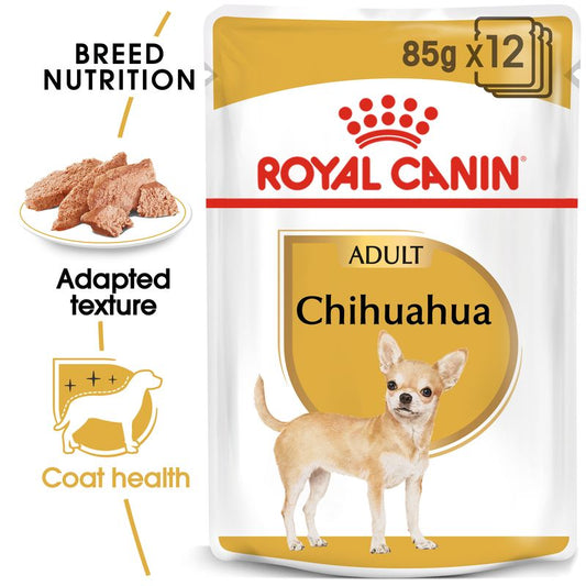 Royal Canin Chihuahua dog food pouch packaging with text highlighting features.