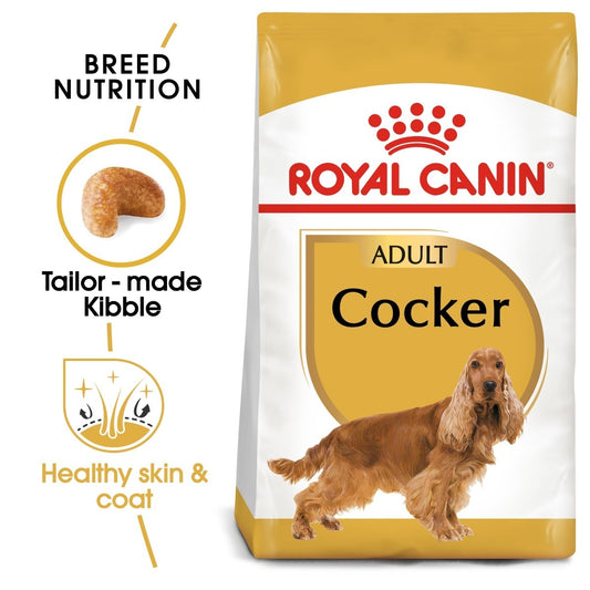 Royal Canin Cocker dog food package with text highlighting features