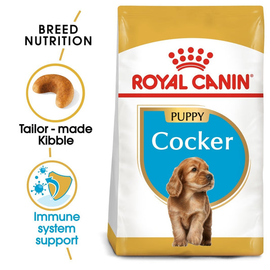 Royal Canin Cocker Puppy dog food packaging with key features highlighted.