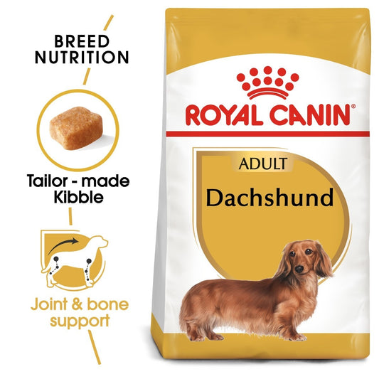 Royal Canin Dachshund dog food package with text highlighting features.