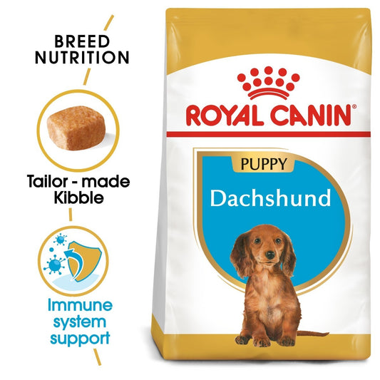 Royal Canin Dachshund Puppy food packaging with text highlighting features.