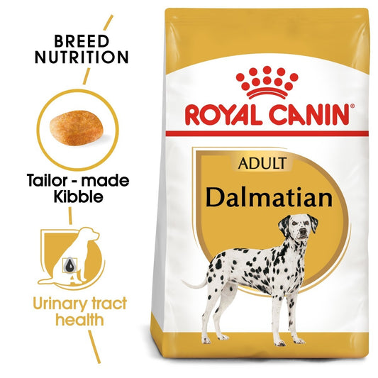 Royal Canin Dalmatian dog food package with branding and product features.