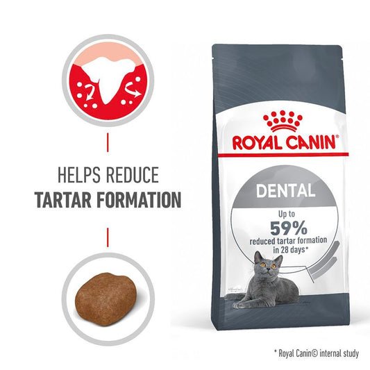 Royal Canin Dental cat food package with text about reducing tartar formation on a white background