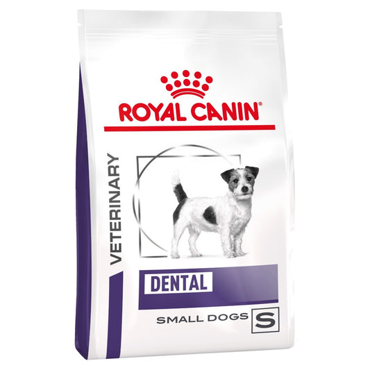 Royal Canin Veterinary Diet Dental Small Dogs food bag on a white background