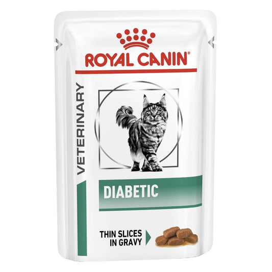 Royal Canin Veterinary Diet Diabetic cat food pouch on a white background