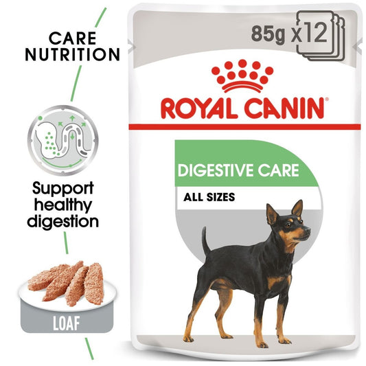 Royal Canin Digestive Care dog food package with a small dog illustration on a white background