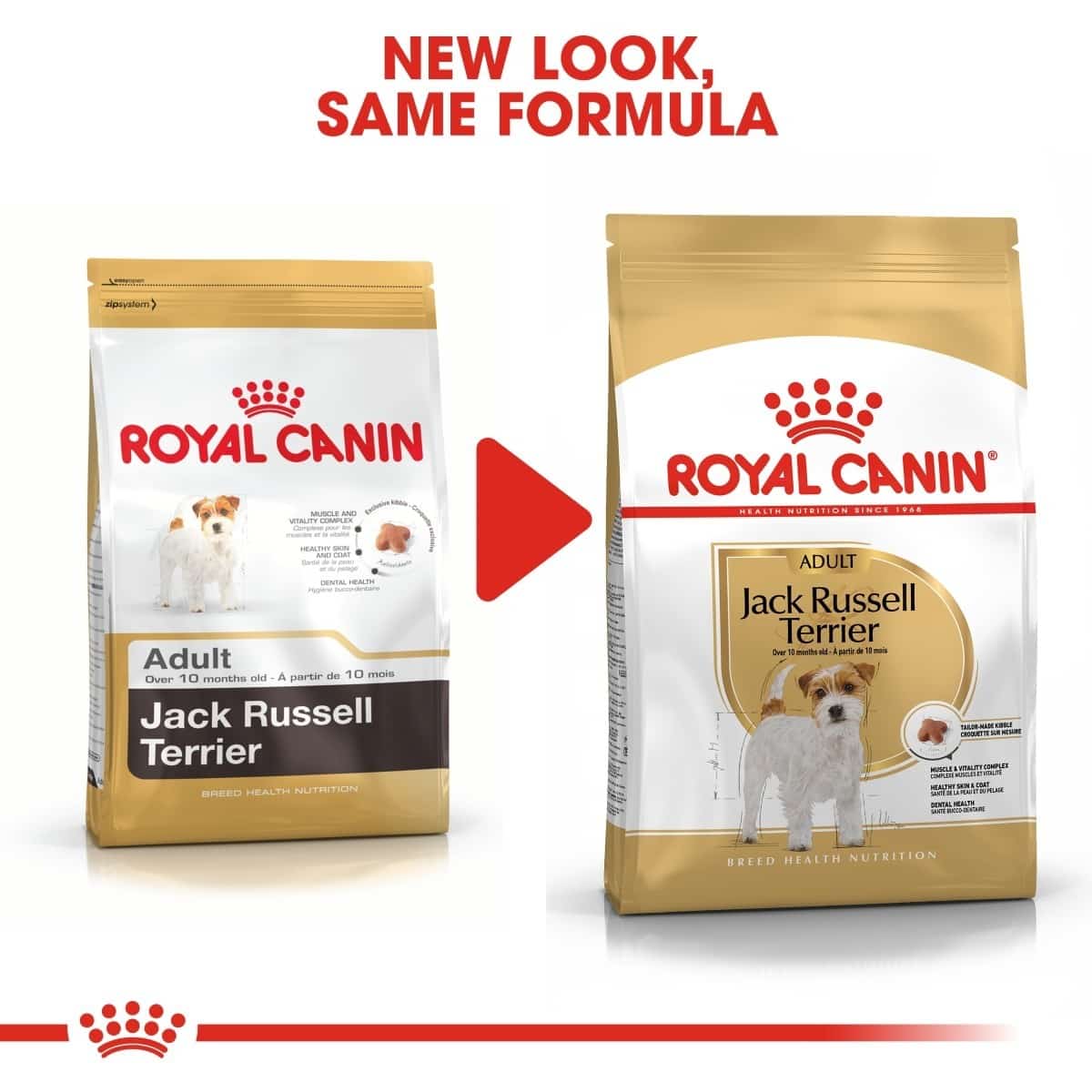 Two packages of Royal Canin Jack Russell Terrier dog food with a red arrow between them.