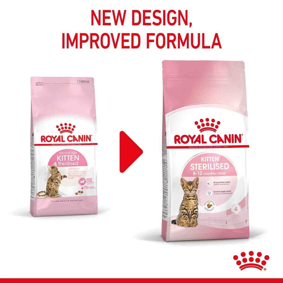 Two packages of Royal Canin Kitten Sterilised cat food with a red arrow and text indicating new design and improved formula.