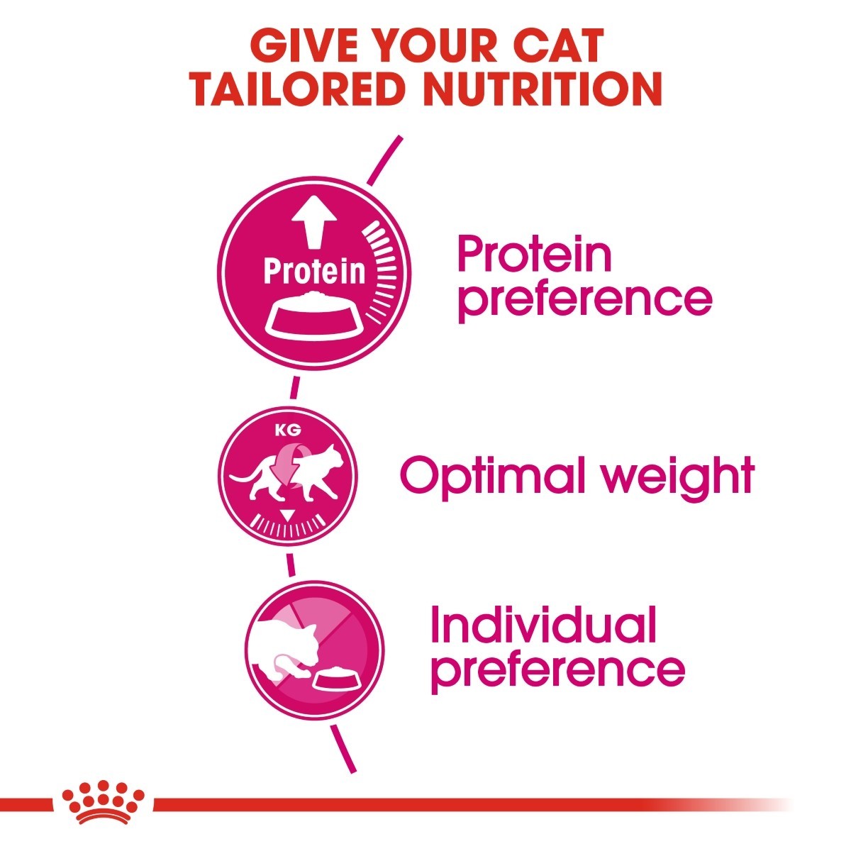 Diagram showing protein preference, optimal weight, and individual preference for cat nutrition on a white background.