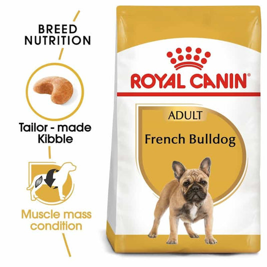 Royal Canin Adult French Bulldog dog food packaging with branding and product features.