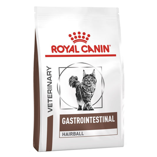 Royal Canin Veterinary Gastrointestinal Hairball cat food bag on a white background