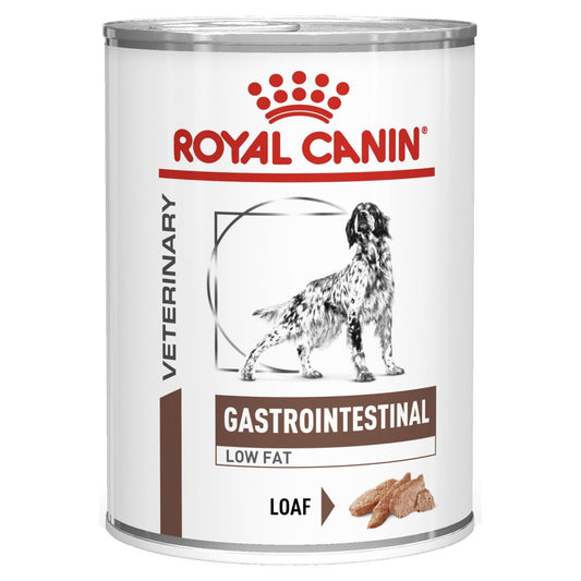 Royal Canin Veterinary Gastrointestinal Low Fat can for dogs on a white background