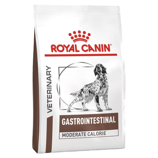 Royal Canin Veterinary Gastrointestinal Moderate Calorie dog food packaging on a white background