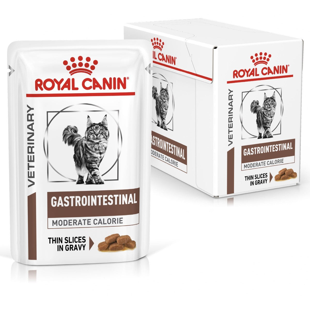 Royal Canin Veterinary Diet Gastrointestinal Moderate Calorie cat food packaging on a white background