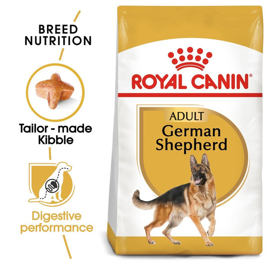 Royal Canin German Shepherd dog food package with brand logo and product features.