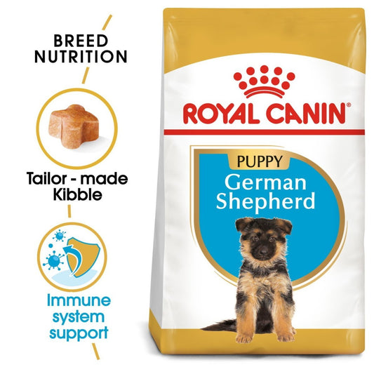 Royal Canin German Shepherd Puppy food packaging with key benefits highlighted.
