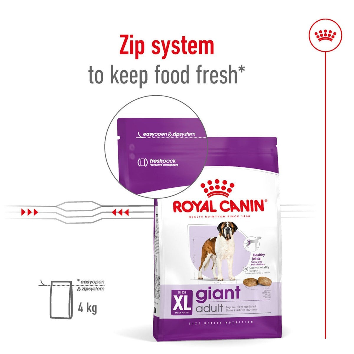 Royal Canin XL Giant Adult dog food package with a purple zip system on a white background