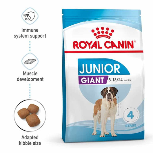 Royal Canin Junior Giant dog food package on a white background