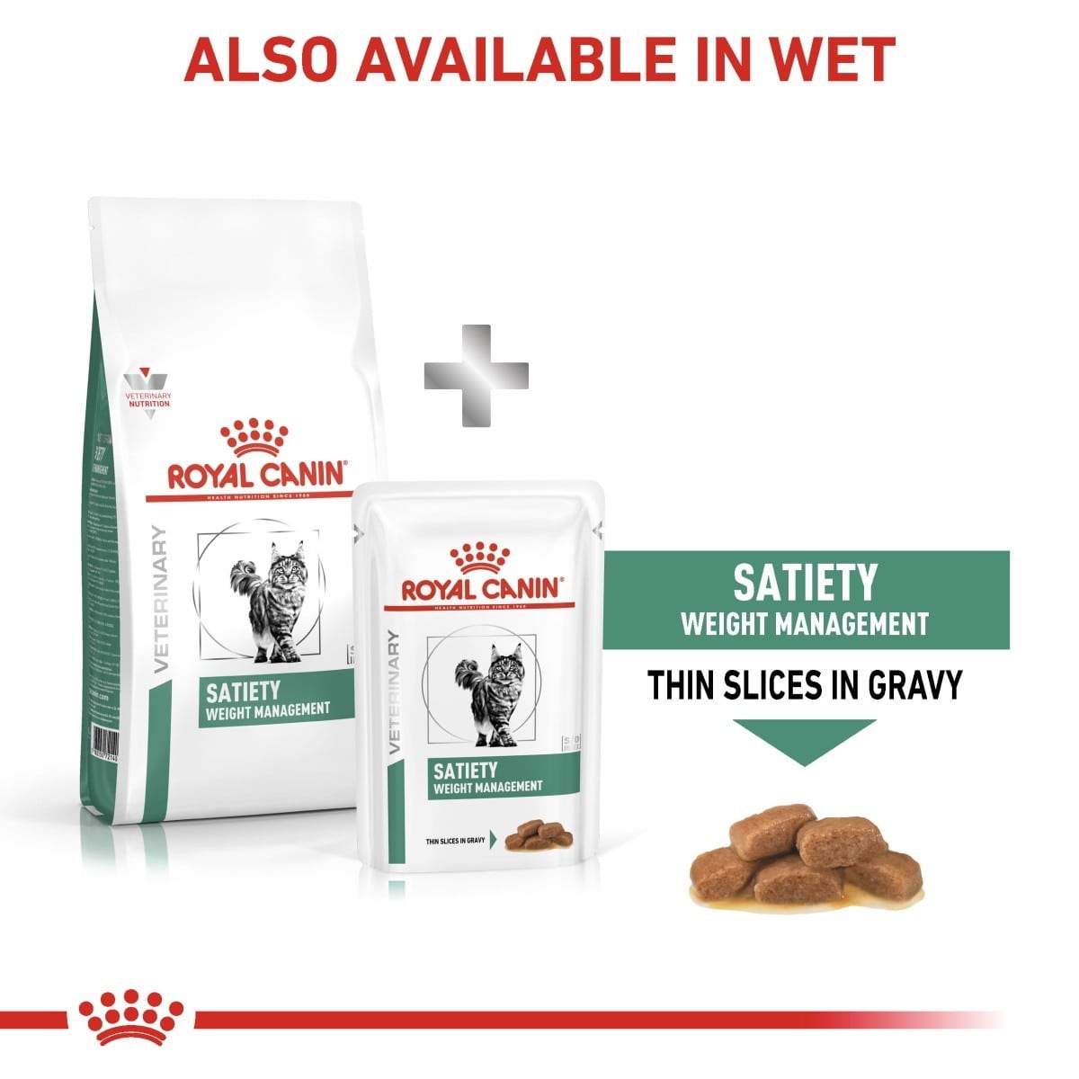 Royal Canin Satiety Weight Management cat food packaging with text indicating availability in wet form.