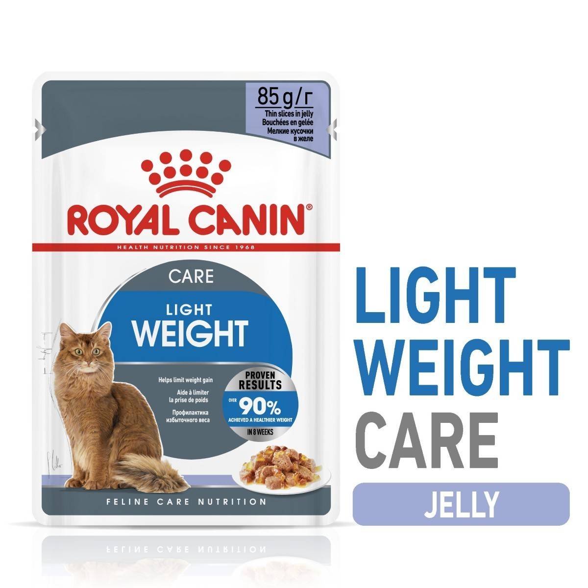 Royal Canin Light Weight Care Jelly cat food package on a white background