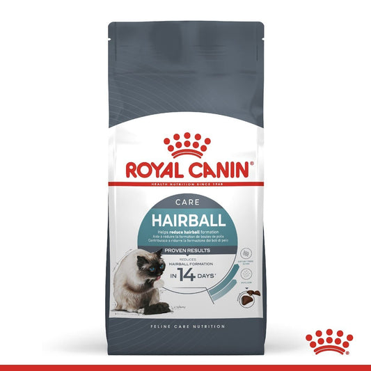 Royal Canin Hairball care cat food packaging on a white background