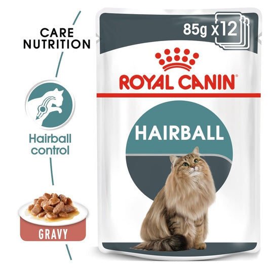 Royal Canin Hairball cat food package with a cat on it