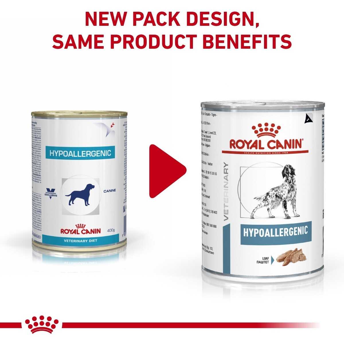 Two cans of Royal Canin Veterinary Diet Hypoallergenic on a white background with text about new packaging design.