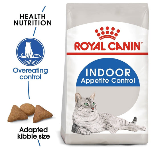 Bag of Royal Canin Indoor Appetite Control cat food with text highlighting features.