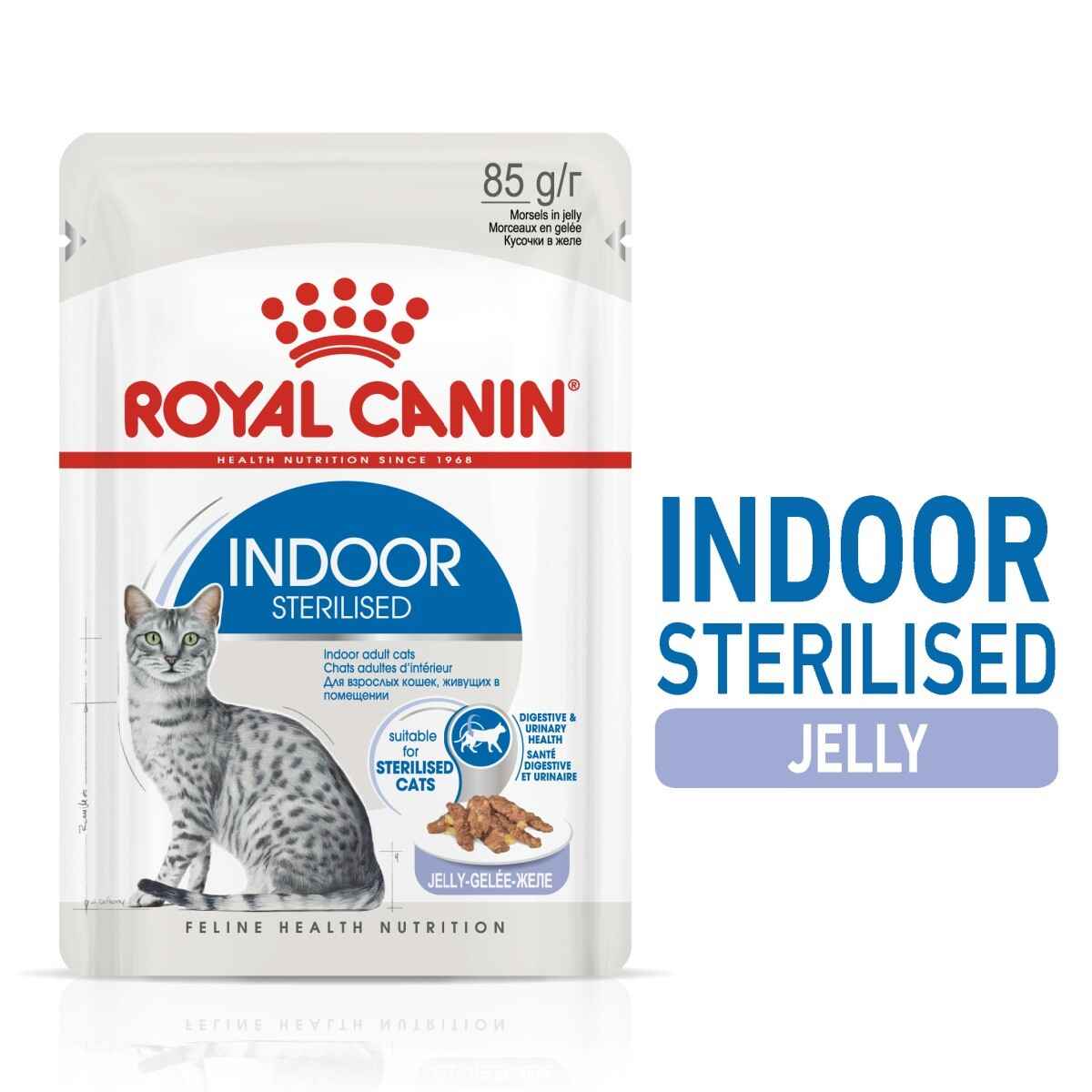 Royal Canin Indoor Sterilised Jelly cat food pouch on a white background