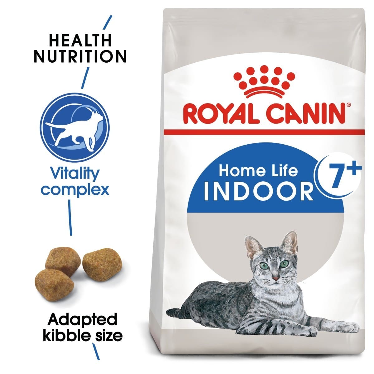 Royal Canin cat food package for indoor cats over 7 years old on a white background