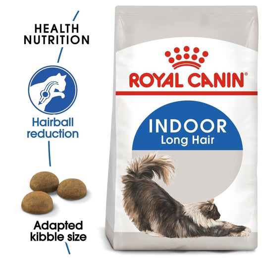 Royal Canin Indoor Long Hair cat food bag with text highlighting features