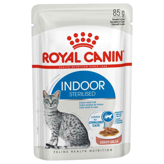 Royal Canin Indoor Sterilised cat food pouch on a white background