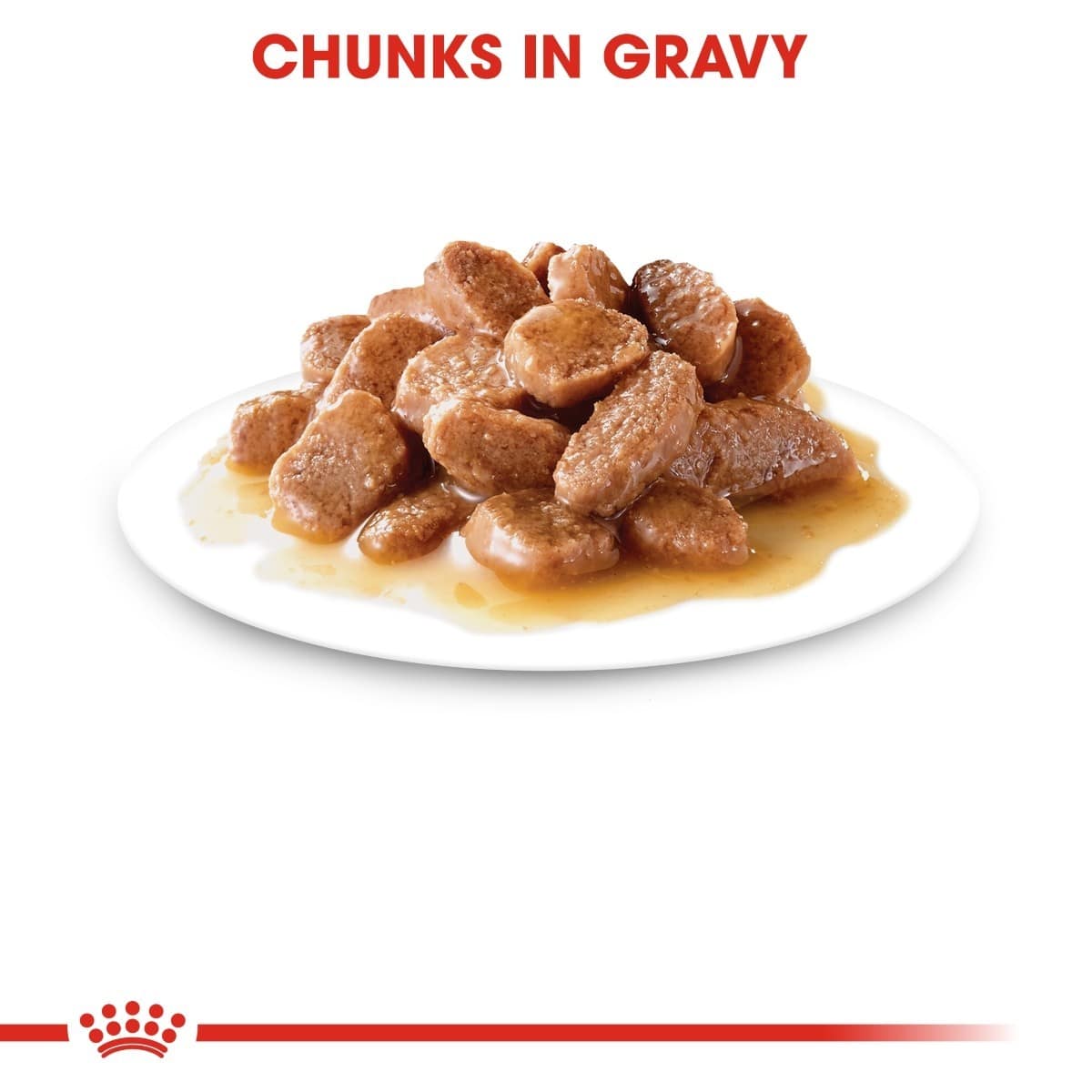 Cat food chunks in gravy on a white plate with 'Chunks in Gravy' text above.