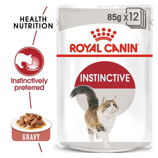 Royal Canin Instinctive cat food pouch packaging with text highlighting health nutrition and gravy.
