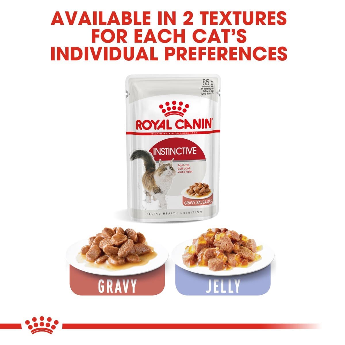 Royal Canin Instinctive cat food pouch with gravy and jelly options on a white background