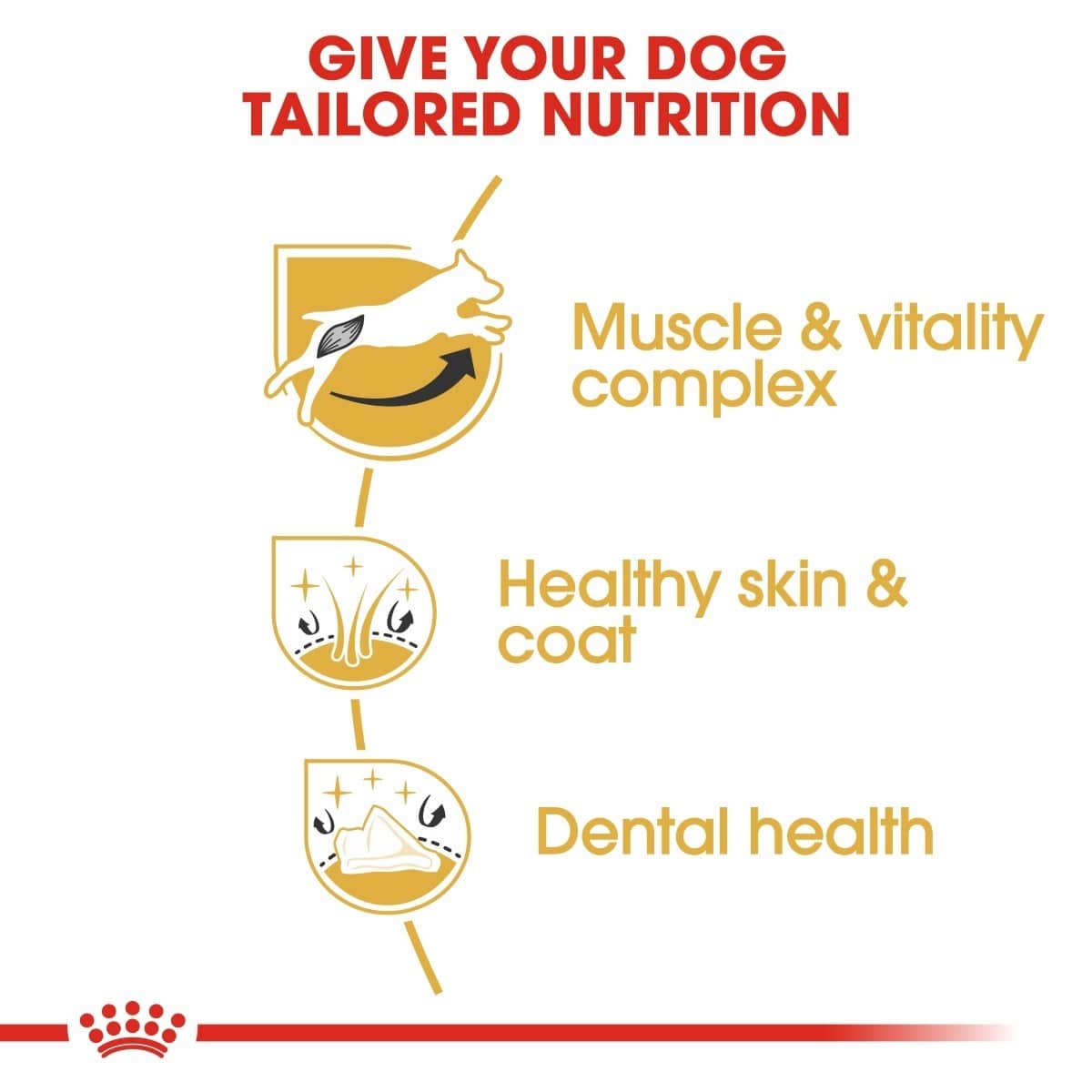 Dog food product label with text about tailored nutrition for dogs, including muscle and vitality complex, healthy skin and coat, and dental health.