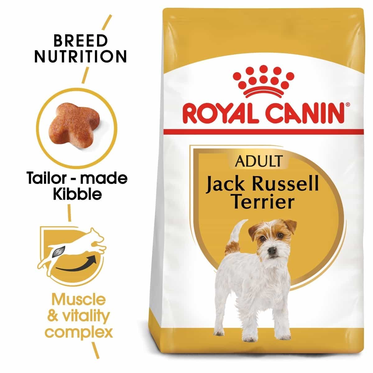 Royal Canin Adult Jack Russell Terrier dog food packaging with branding and product features.