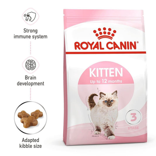 Royal Canin Kitten food package with cat illustrations and text on a white background
