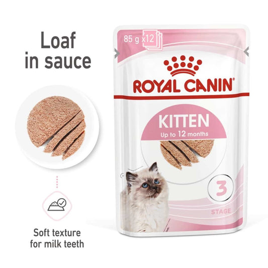 Royal Canin Kitten food pouch with a cat on the label and text about loaf in sauce and soft texture.
